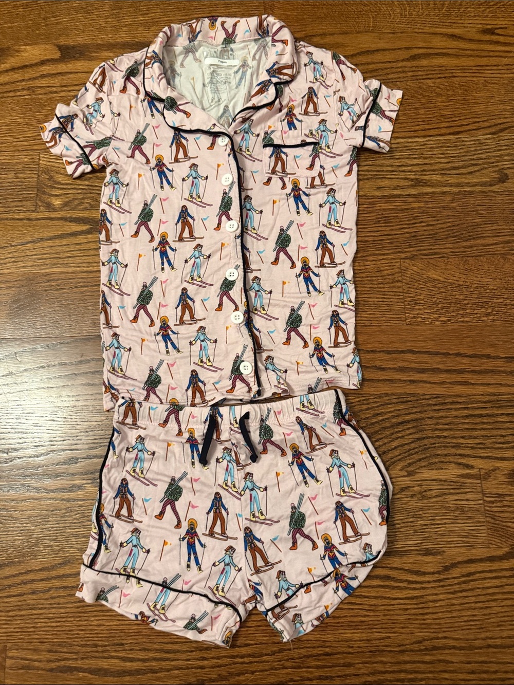 Katie J NYC Pink Ski Print Short Pajama Set with Navy Piping